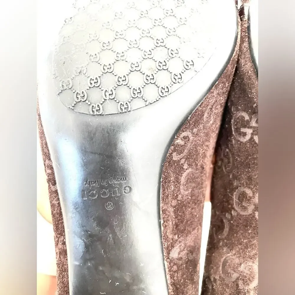 Gucci Horsebit Web Stripe GG Pump Size 8.5 Brown Suede Pointed Toe Kitten Heel - Picture 6 of 10